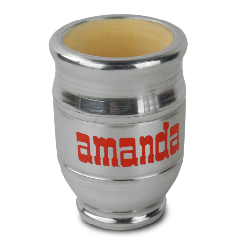 matero marki Amanda - drewniane naczynko do yerba mate w okuciu z aluminium, logo producenta