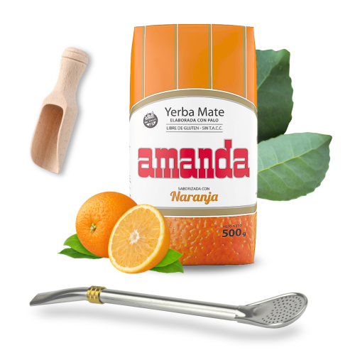 Yerba Mate Amanda Pomarańczowa 500g + Bombilla Fuego i Czerpak 10 cm