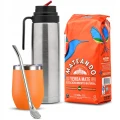 zestaw yerba mate mateando 500g, matero termiczne pomarańczowe, bombilla rosario i termos el paisito srebrny